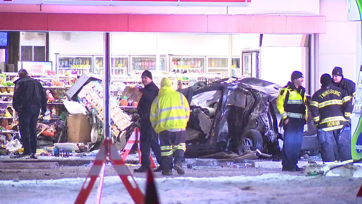 A driver crashed into the BP on Route 91 in Twinsburg overnight. It appears they exited I-480 east and kept going at nearly highway speeds. A lot of damage to the store and the car. Unknown condition on the driver or if anyone in the store was hurt. Crazy scene.