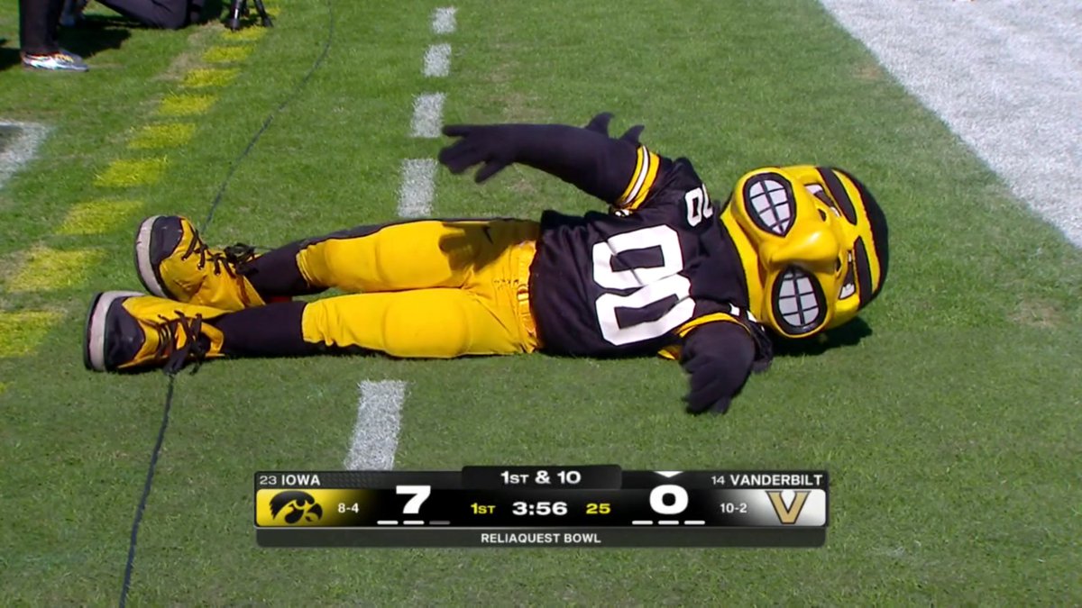 The Iowa mascot was NOT happy about that interception in the end zone 😅 Watch the ReliaQuest Bowl on ESPN and the ESPN App 🍿