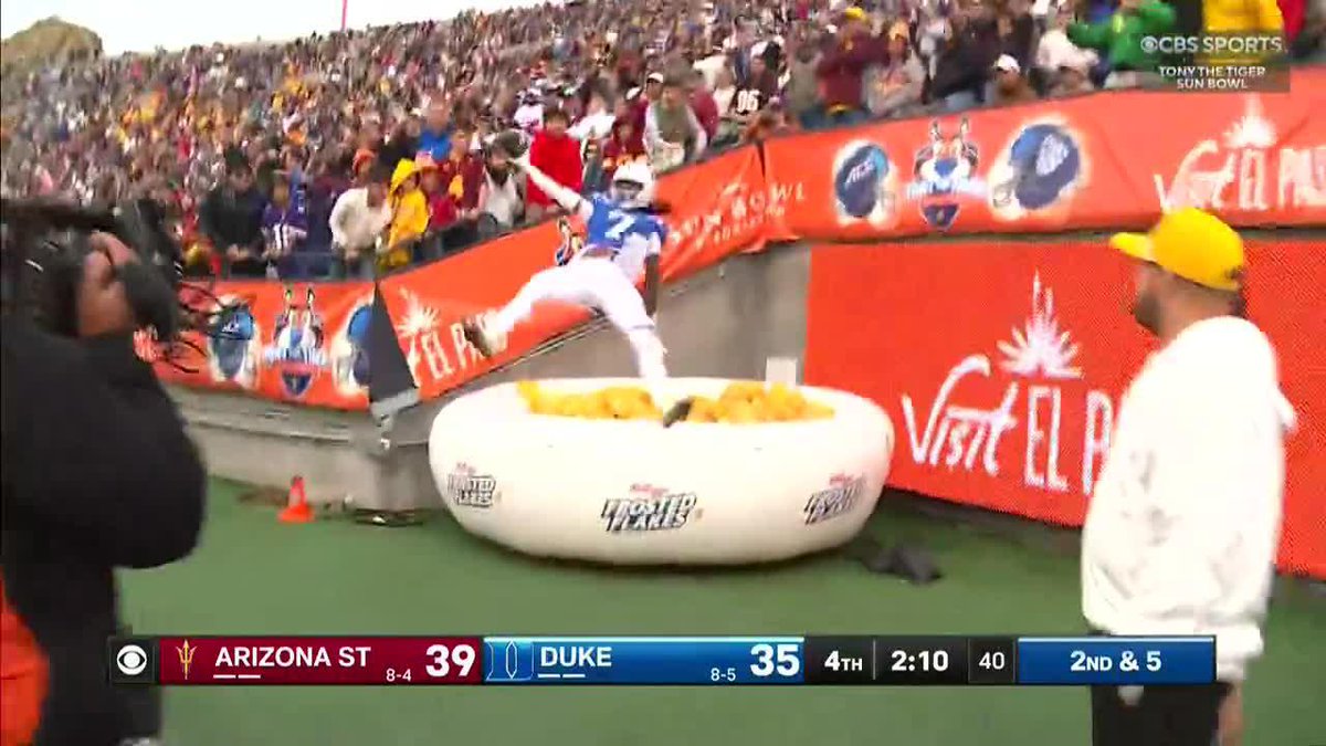 I’m not sure there is a feeling on this planet that can replicate scoring the go-ahead TD in crunch time and leaping into an inflatable bowl of Frosted Flakes right next to the end zone. Que’Sean Brown really got to live today.