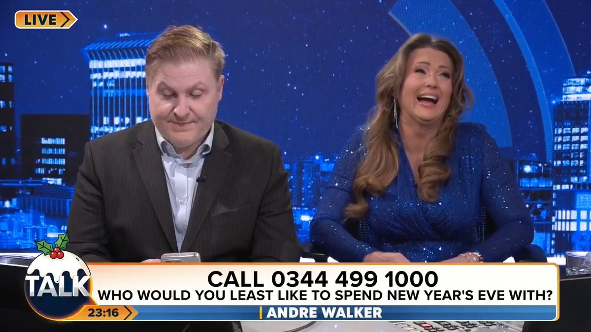 Who would you LEAST like to spend New Year's Eve with? Call 0344 499 1000. Yasmin in Manchester: "Keir Starmer has no empathy for anyone. When I look at his wife, I've never seen a woman looking so frigging miserable!" André Walker Danielle Nicholls