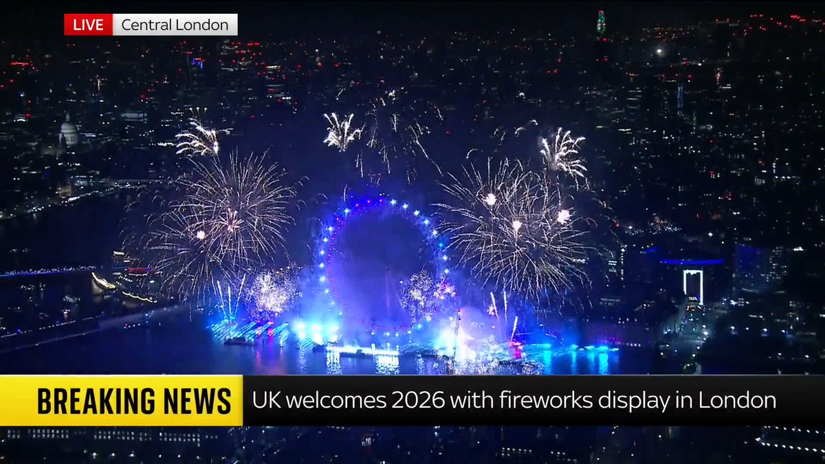 BREAKING: UK welcomes in New Year with fireworks over capital, described as the largest annual display in Europe by the Mayor of London's office. 🔗 📺 Sky 501 and YouTube