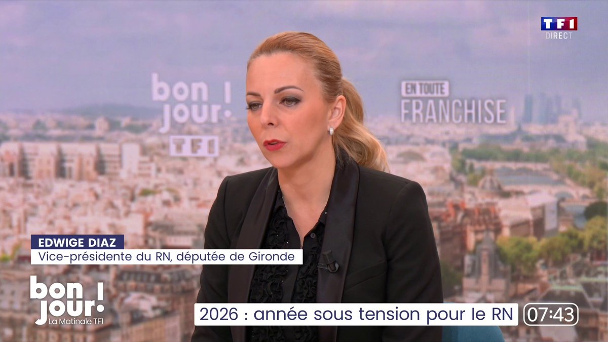 "Ce qui est important, c'est que l'innocence de Marine Le Pen soit reconnue, parce que c'est très important pour la question de la crédibilité de l'institution judiciaire", assure Edwige Diaz Ⓜ️, vice-présidente du RN #EnTouteFranchise avec Bastien Augey, #BonjourLaMatinaleTF1