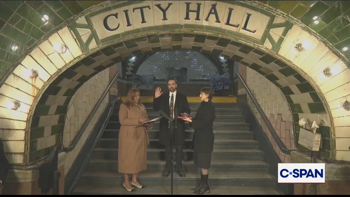 From last night, Zohran Mamdani is sworn in as Mayor of New York City at Old City Hall Station by Attorney General Letitia James.