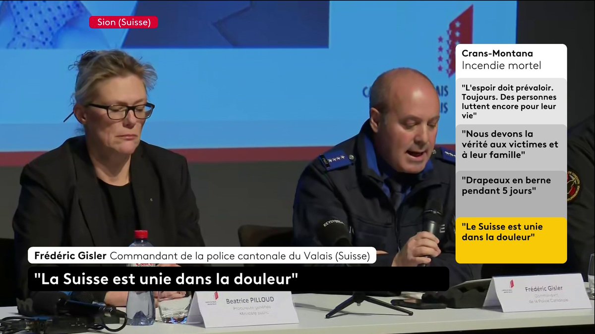 🔴 Incendie mortel en Suisse : "Nous dénombrons une quarantaine de personnes décédées et environ 115 blessés, la plupart grièvement", révèle la police du Valais #canal16