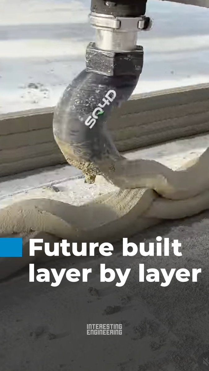 Robotic 3D concrete printing extrudes cement layers digitally, creating complex structures without formwork efficiently. 🎥 sq4dbuilds / IG