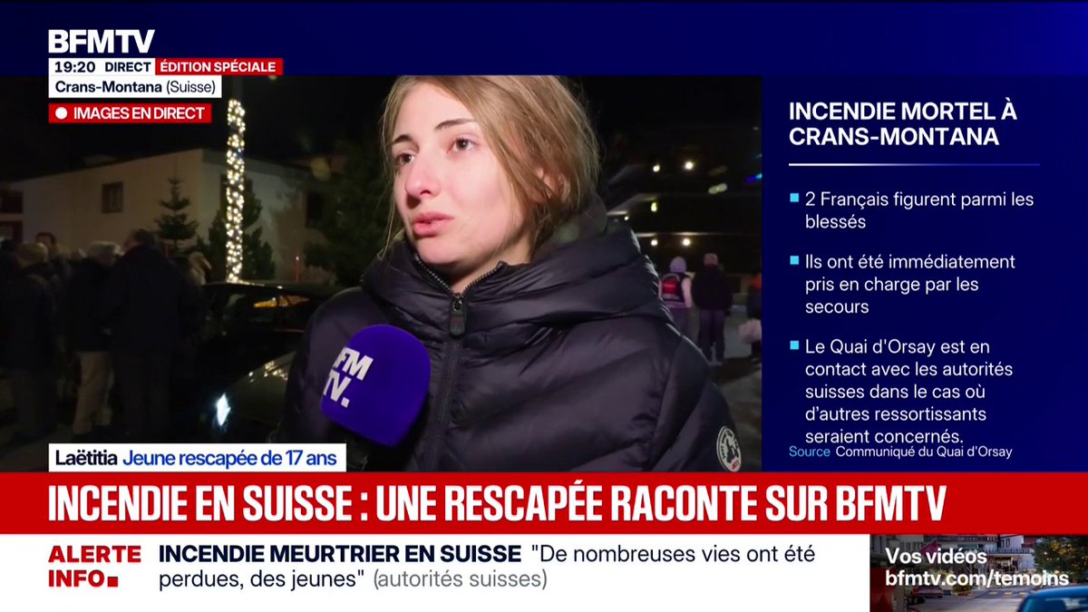 🇨🇭 FLASH | « Je me suis retrouvée sous trois ou quatre personnes en train de brûler. Il y avait des gens morts autour de nous », raconte Laetitia, 17 ans, rescapée de l’incendie mortel de Crans-Montana.