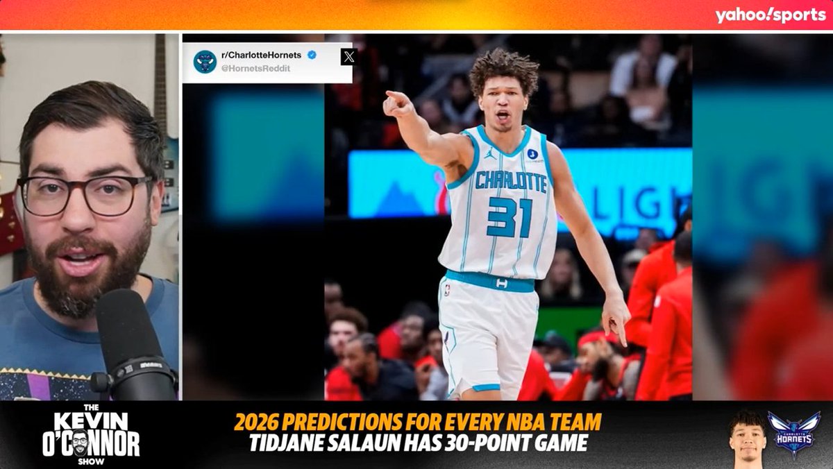 🎙️ Kevin O'Connor predicts that Tidjane Salaun will have a 30-point game for the Charlotte Hornets in 2026. "Shooting 46% from 3, up from 28% as a rookie. Shot looks smoother, he's shooting it quicker, from deeper as well... he's using that three-pointer to attack closeouts." 👌