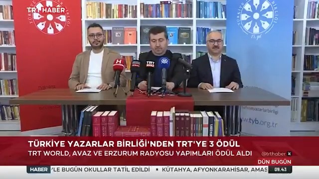 Türkiye Yazarlar Birliği’nden TRT’ye 3 ödül. TRT, 2025 yılı “Yazar, Fikir Adamı ve Sanatçıları Ödülleri”nde TV belgesel, dizi ve radyo yapımlarıyla ödüle layık görüldü.