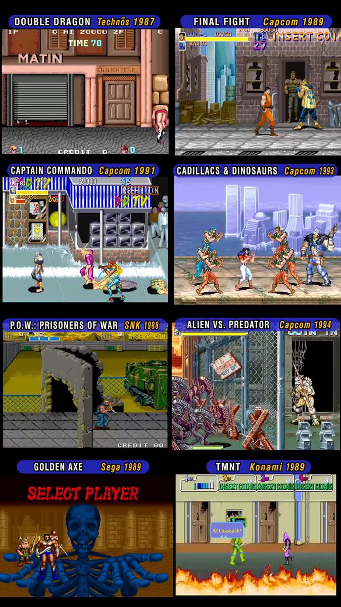 Classic beat 'em ups (brawlers) for arcade. The success of Double Dragon launched a golden era for the genre. Crowds gathered around the machines to see someone 1CC them or to wait their turn. Streets of Rage wasn't arcade originally but Golden Axe was, it's here for Sega fans.👊
