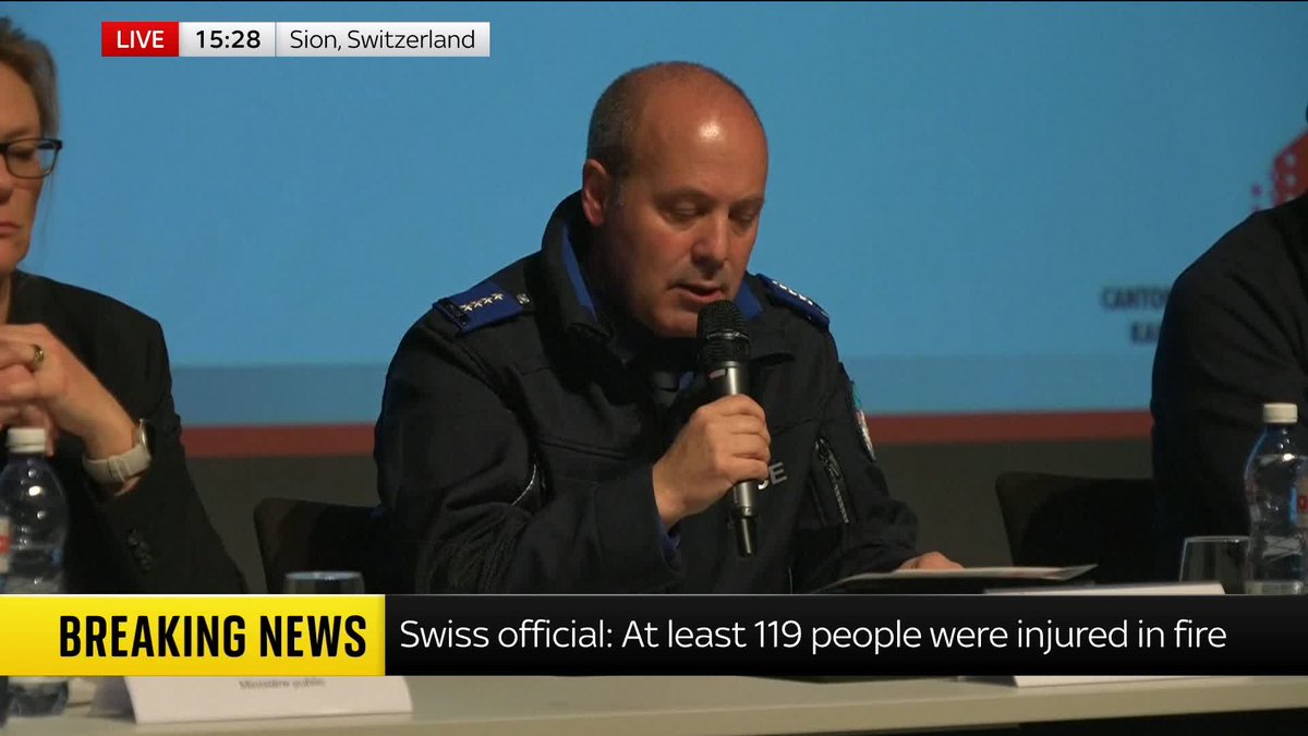 Swiss officials confirm the nationalities of 113 people injured in a Swiss ski resort bar fire. They include 71 Swiss nationals, 14 French and 11 Italians. Six of the injured are still not identified. 🔗 📺 Sky 501 and YouTube
