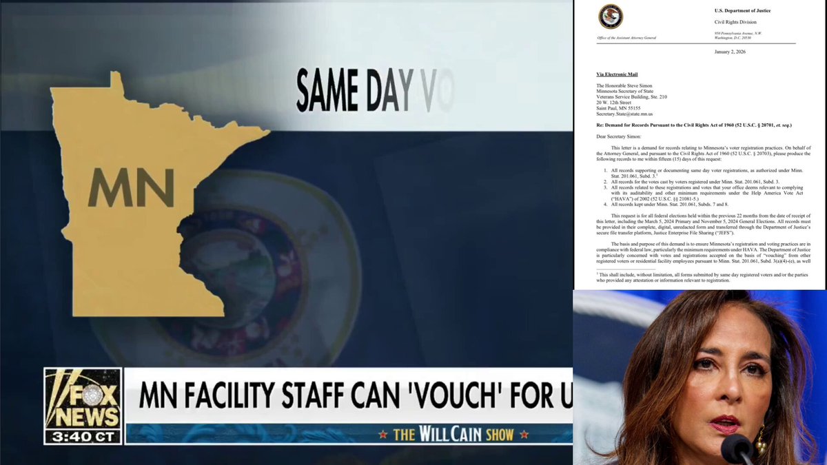 🚨 BREAKING: Assistant AG Harmeet Dhillon is investigating MINNESOTA for its sketchy voter "vouching" system where one person can vouch for 8 voters' eligibility - INCLUDING migrants - as part of same-day voter registration No ID required. SCOTT PRESLER exposed this potential fraud. Good. This MUST be investigated. DHILLON: "[I am] demanding records pertaining to Minnesota’s 'vouching' system for voter registration, pursuant to my authority under the Civil Rights Act of 1960." Thank you AAGHarmeetDhillon! ThePersistence 👏🏻