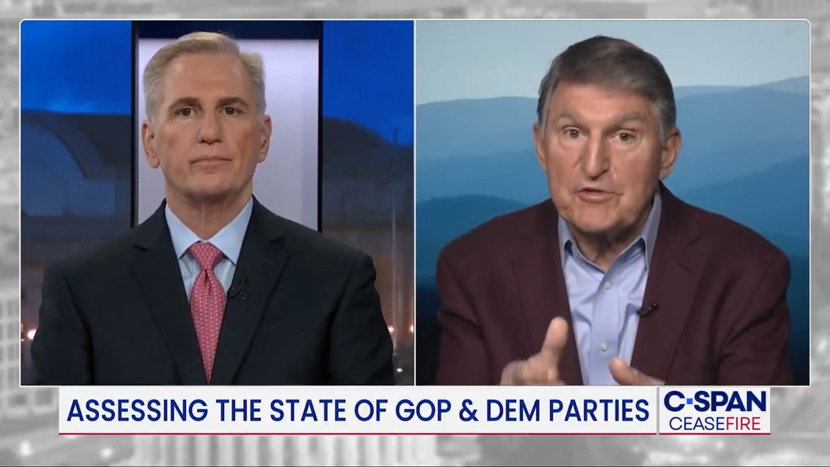 Ceasefire Senator Joe Manchin on state of political parties: "The American people are saying, 'Who do we like least? We don't like either one, but who do we like least?'" Kevin McCarthy: "Quality of candidate matters…If you get a better candidate, better message, you can win."