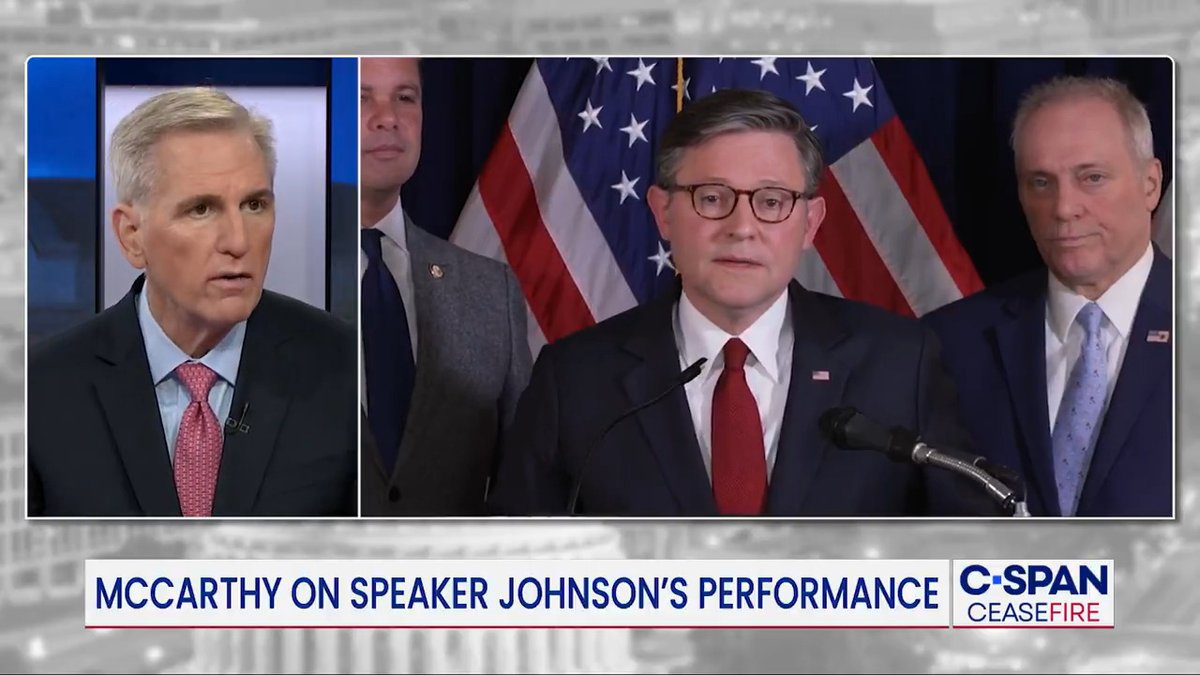 Ceasefire Dasha Burns: "If you were in Speaker Johnson's shoes right now would you be worried about your job?" Kevin McCarthy: "No. He doesn't need to worry...I don't believe he has any problem. I don't think the Republicans that there's somebody else that can get 218."