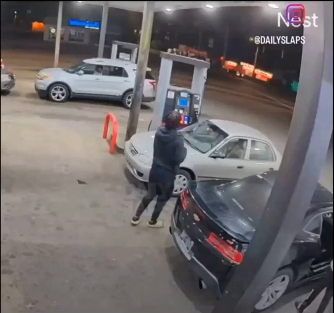 Just another day at the gas station. Impressive rate of fire. No, we don't have a gun problem; we have a race problem.