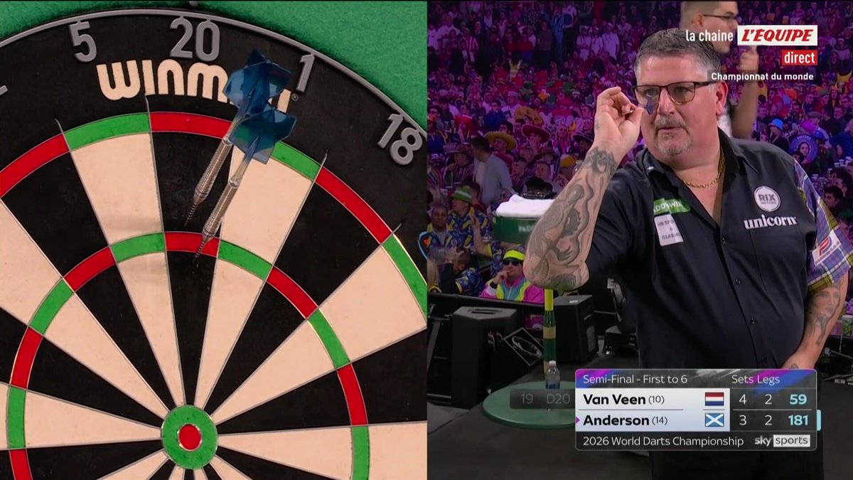 Sifflé par le public pro-Anderson, Van Veen semble affecté par la situation. Mais le Néerlandais est à une manche de la finale contre Littler > #lequipeFLECHETTES