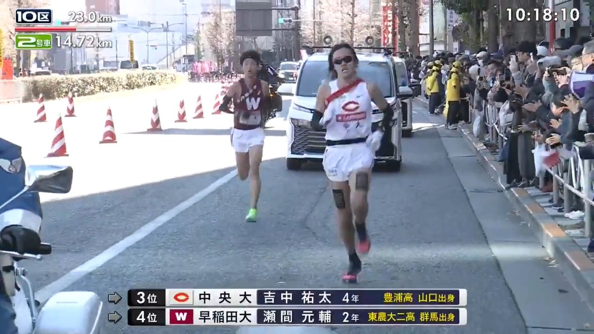 【✨第102回 #箱根駅伝『復路』】 📺ただいま日本テレビ系で生中継📡 ◆10区 早稲田大学 瀬間元輔選手が中央大学 吉中祐太選手を抜いて3位に浮上です! 番組HP・TVerでもライブ配信中⚡️
