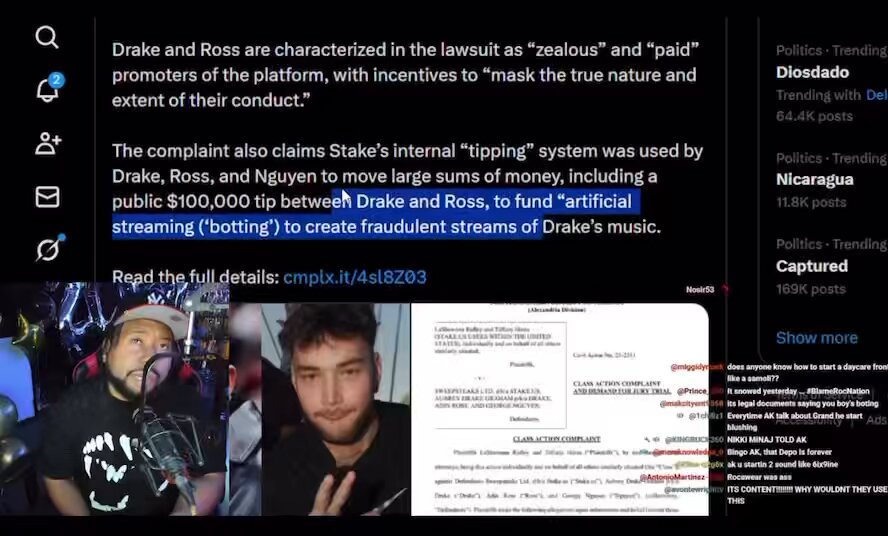 Akademiks shuts down the Drake, Adin Ross Stake RICO case. Ak says the lawsuit is being wildly misrepresented no proof Drake used Stake to fuel his music career, no Stake branding in his music, and no logic behind the claims. Calls the $100K Adin Ross moment “regular casino behavior,” not a criminal plot. Ak predicts the case gets thrown out in a few months and says people are running with headlines instead of reading the paperwork. “The conspiracy sounds crazier than the facts.”
