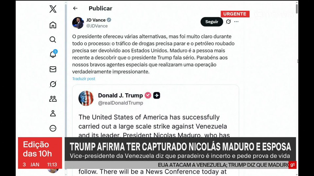O vice-presidente dos EUA afirmou nas redes sociais que o ataque à Venezuela deixou claro que o tráfico de drogas deveria acabar e que o “petróleo roubado” precisaria ser devolvido aos EUA.