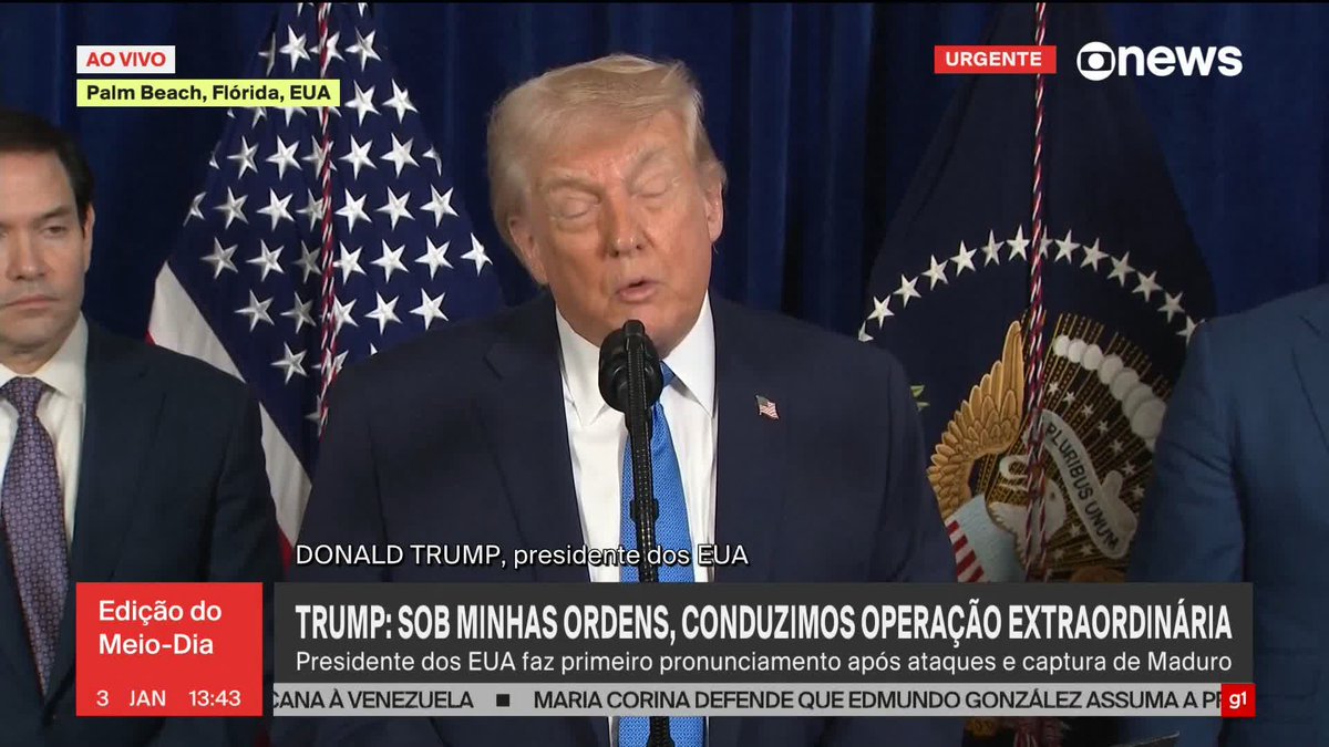 URGENTE: “Vamos administrar a Venezuela até uma transição adequada”, diz Trump após ataque e captura de Maduro. ➡ Assista: #GloboNews