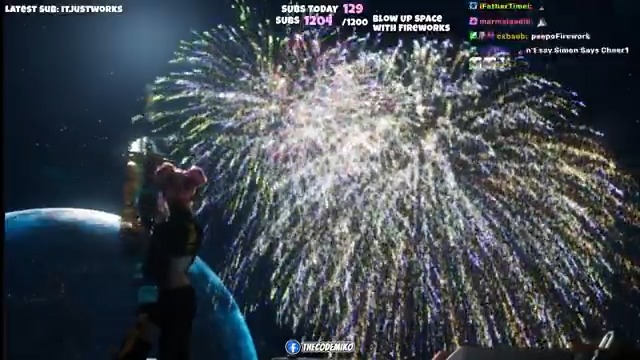I blew up space with fireworks! I created this interactivity to celebrate New Year with twitch chat. They control the firework that is coming out of the gun!
