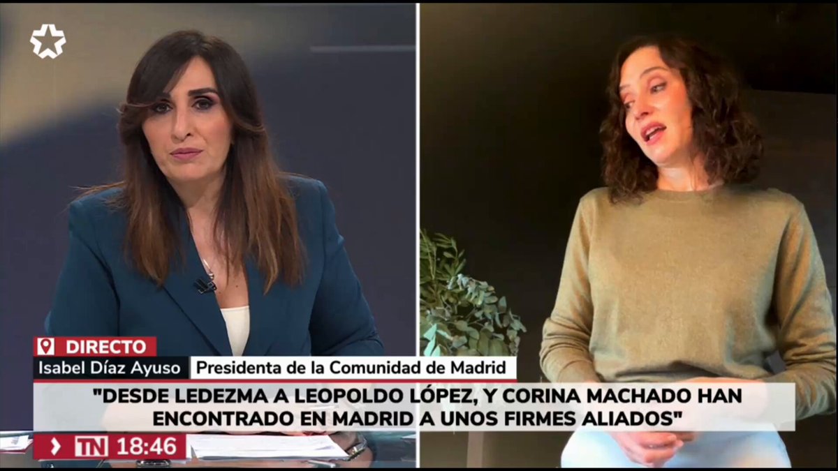 ▶️ “En los pasos más valientes que se han dado para liberar al pueblo de Venezuela el Gobierno de España no ha estado ahí y tienen que dar explicaciones” 🔴 La presidenta Isabel Díaz Ayuso asegura que la Puerta del Sol es la casa del pueblo venezolano: “Es la casa de la libertad”.