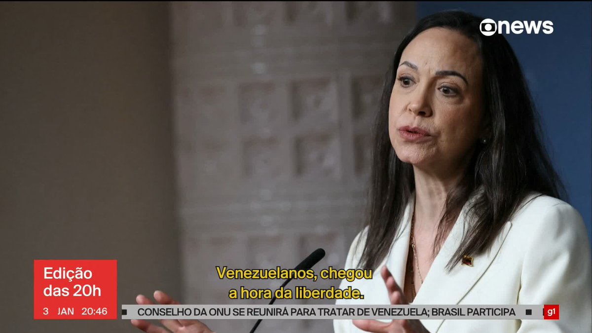 Maria Corina Machado, prêmio Nobel da Paz e líder da oposição venezuelana, divulgou um pronunciamento à nação sobre a captura de Nicolás Maduro: “Venezuelanos, chegou a hora da liberdade". ➡ Assista: #GloboNews