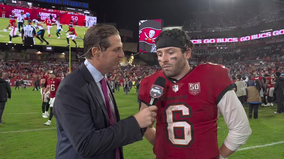 "I am [a Saints fan] tomorrow." Peter Schrager with Baker Mayfield after the Bucs win against the Panthers