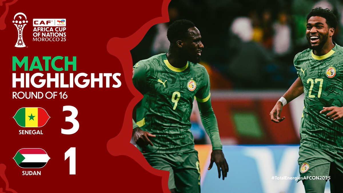 🎥 HIGHLIGHTS: 🇸🇳 3–1 🇸🇩 The Round of 16 is off to a strong start. A comeback and a win for Senegal. #TotalEnergiesAFCON2025