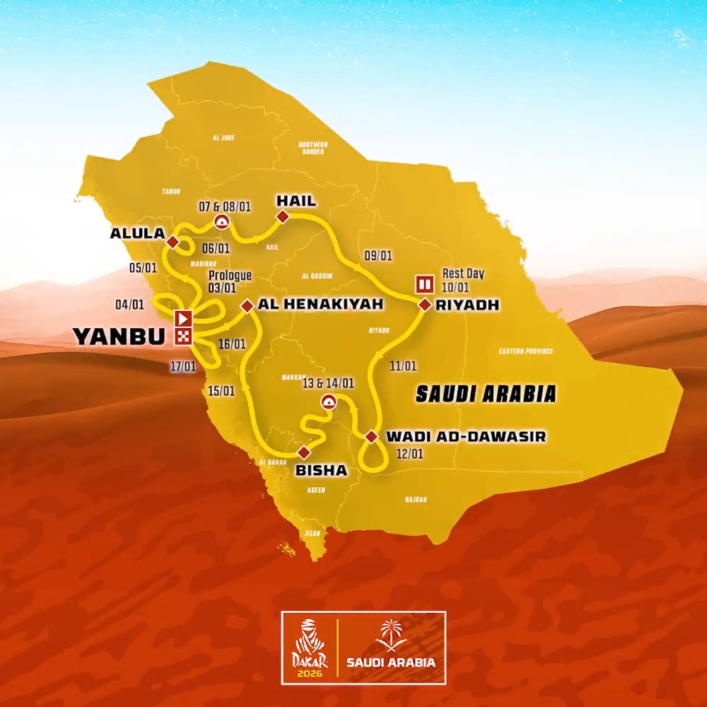#Dakar2026 - Stage 1️⃣ Yanbu ➡️ Yanbu 🛣 Liaison: 219km - Special: 305km 🕒 DSS (GMT+3): 🏍 07:30 🚗 10:16 Follow the race live: 👉 #DakarInSaudi