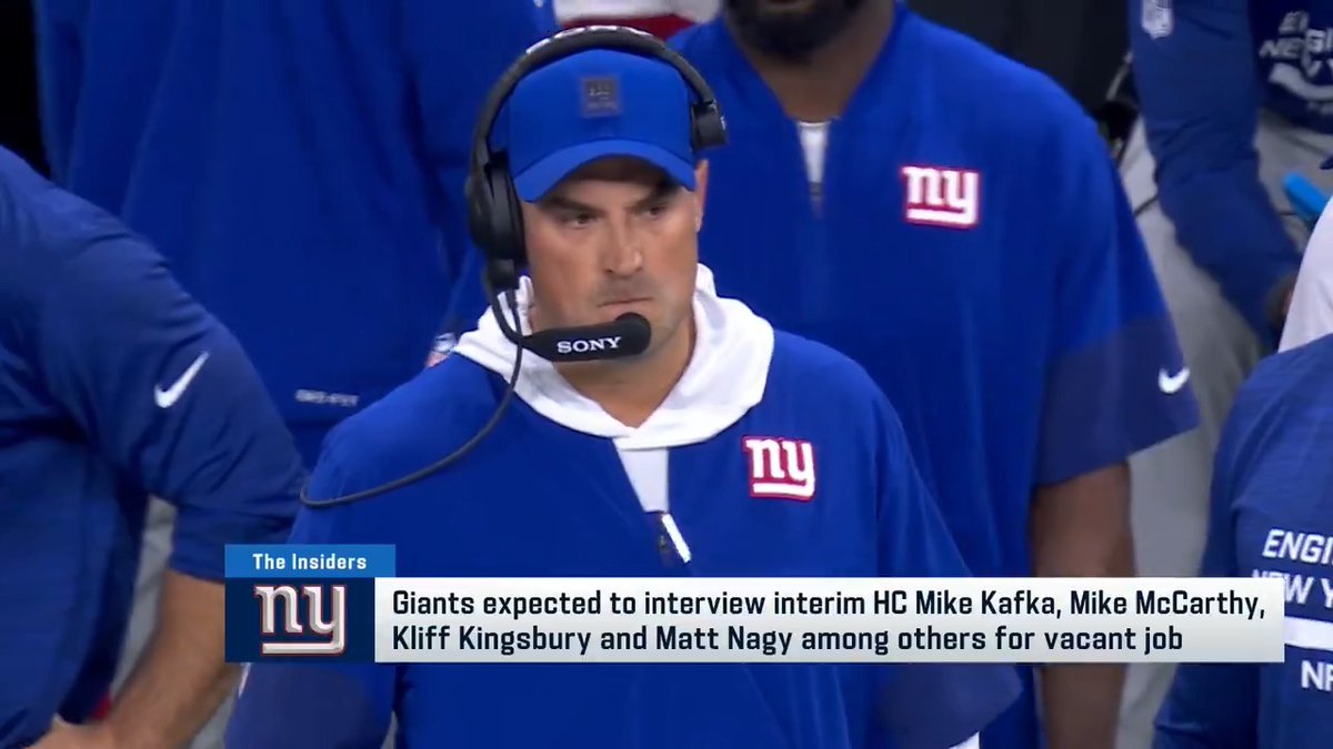 The Giants are expected to interview candidates including Mike Kafka, Mike McCarthy, Kliff Kingsburgy, and Matt Nagy for their HC opening, per Judy Battista.