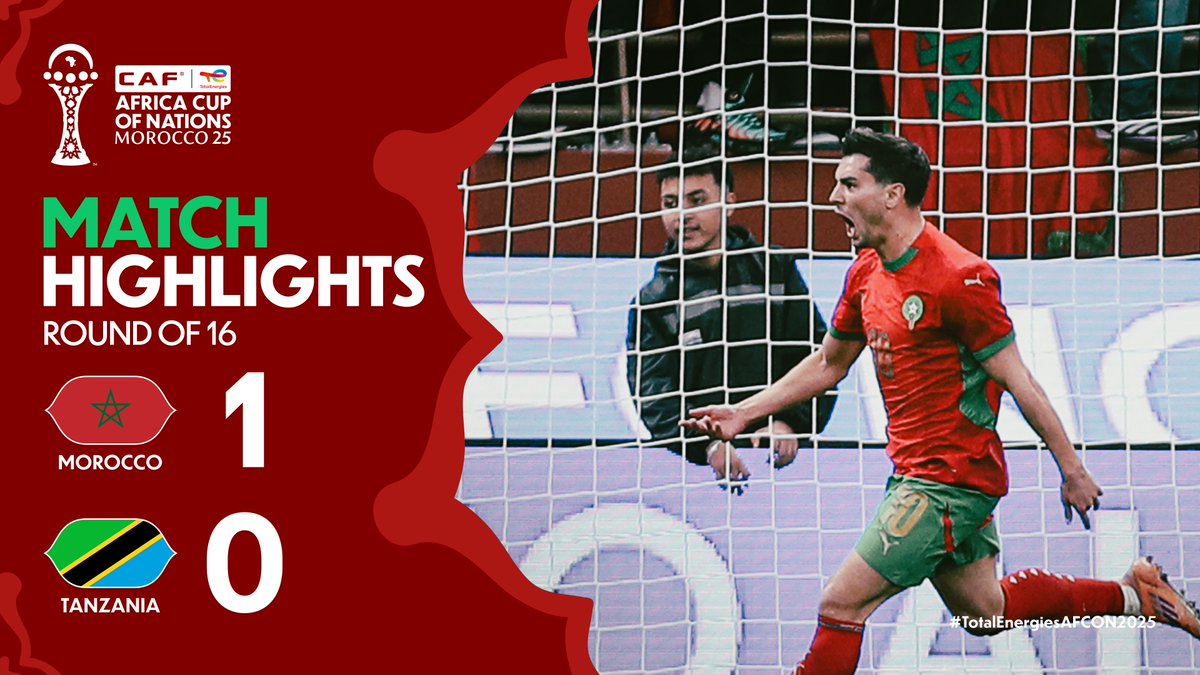 🎥 HIGHLIGHTS: 🇲🇦 1–0 🇹🇿 Morocco advance to the #TotalEnergiesAFCON2025 quarter-finals following a win over Tanzania.