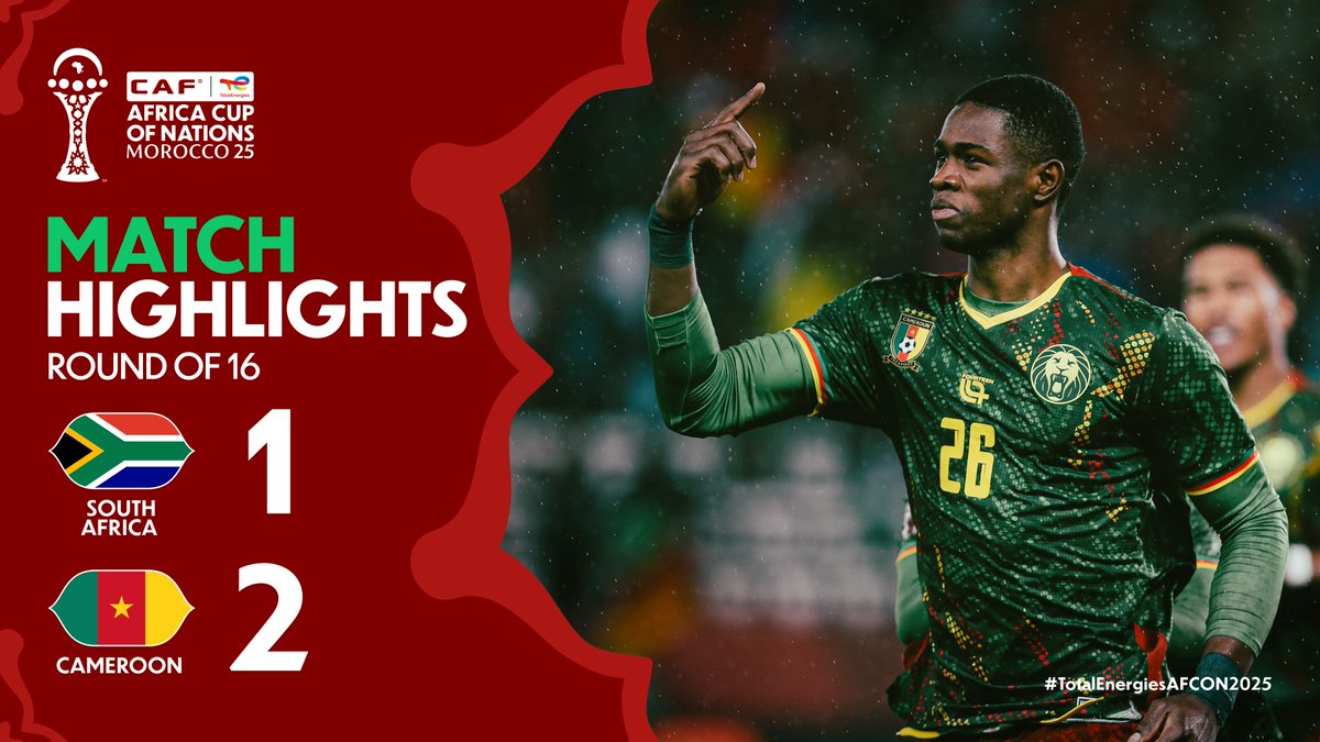 🎥 HIGHLIGHTS: 🇿🇦 1–2 🇨🇲 Cameroon win it over South Africa and advance to the #TotalEnergiesAFCON2025 quarter-finals.