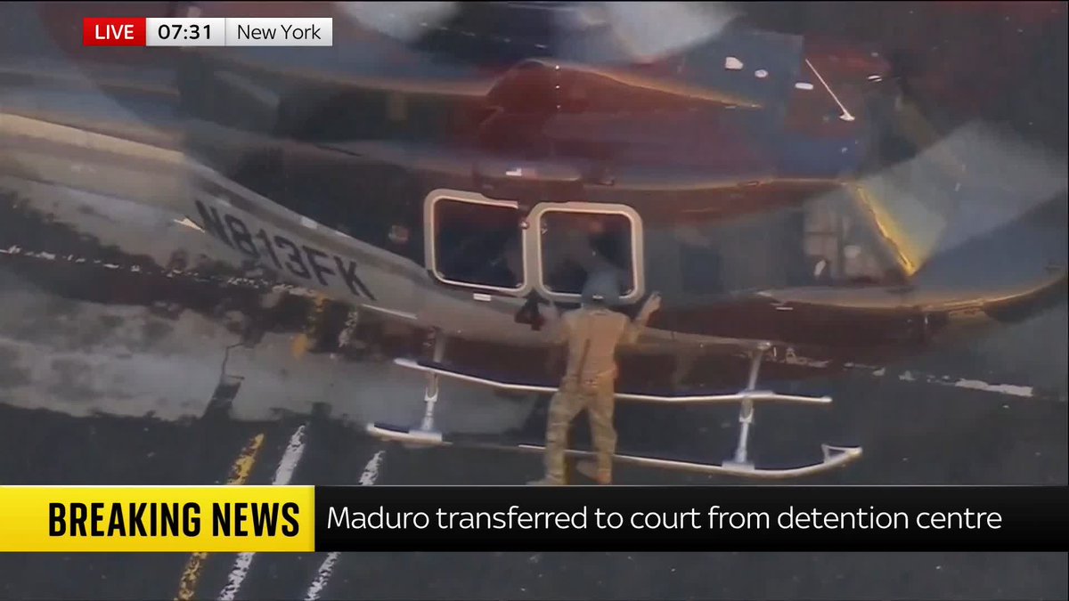Nicolas Maduro is now being transferred from the helicopter to a car, where he will then head to Manhattan federal court 📺 Sky 501, Virgin 602, Freeview 233 and YouTube