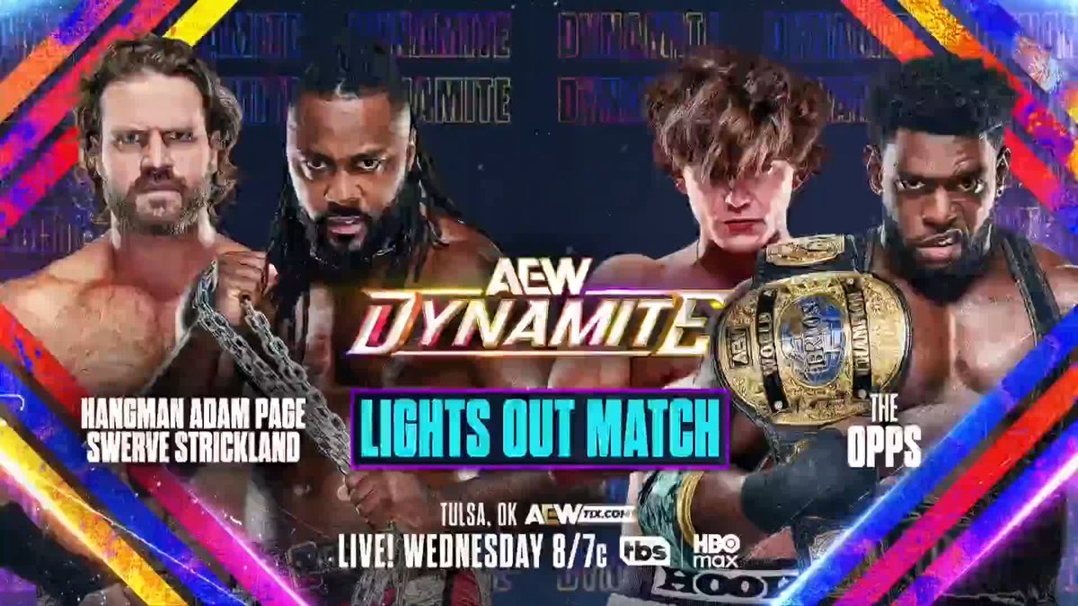 #AEWDynamite LIVE at 8/7c, TBS + HBO Max This Wednesday, 1/7! LIGHTS OUT MATCH Hangman Page/@SwerveConfident vs @PowerhouseHobbs/@730HOOK Hangman + Swerve want payback vs The Opps in the most violent way possible, A LIGHTS OUT MATCH! These two teams fight, THIS WEDNESDAY!