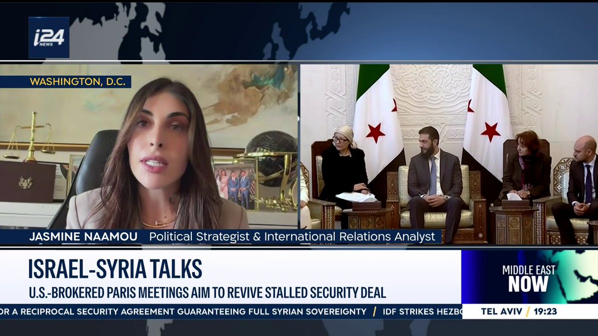 “There is real optimism between Israel and Syria for the first time in a long while,” says Jasmine Naamou, discussing U.S.-brokered security talks that she says are 95% complete, on #MiddleEastNow with Natasha Raquel Kirtchuk