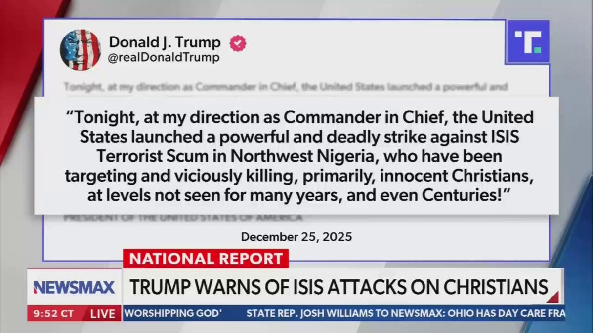 ISIS recently issued a statement saying Christians of Nigeria must either convert or die. We will never back down from supporting our brothers and sisters in Christ, and I'm glad to see the Nigerian government is working in coordination and cooperation with President Donald J. Trump to defeat these radical Islamic terrorists. More from my interview on NEWSMAX with Shaun Kraisman ⬇️
