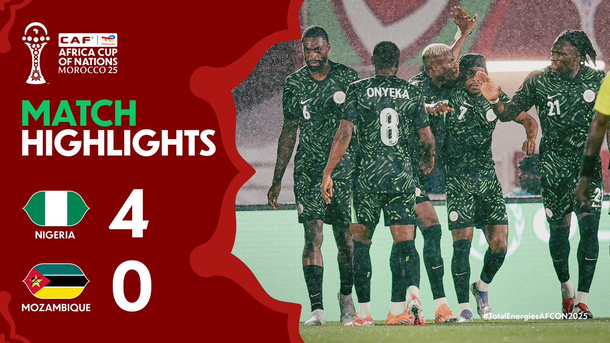 🎥 HIGHLIGHTS: 🇳🇬 4–0 🇲🇿 Nigeria put on a show in the Round of 16. Moving on to the #TotalEnergiesAFCON2025 quarter-finals.