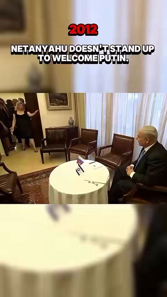 In 2012 Benjamin Netanyahu - בנימין נתניהו refused to stand up for President Vladimir Putin. After that Putin ignored his existence until Bibi stood up at their next meeting. Bibi has never forgotten to stand for Putin since. Nice to see one President making Bibi his bitch.