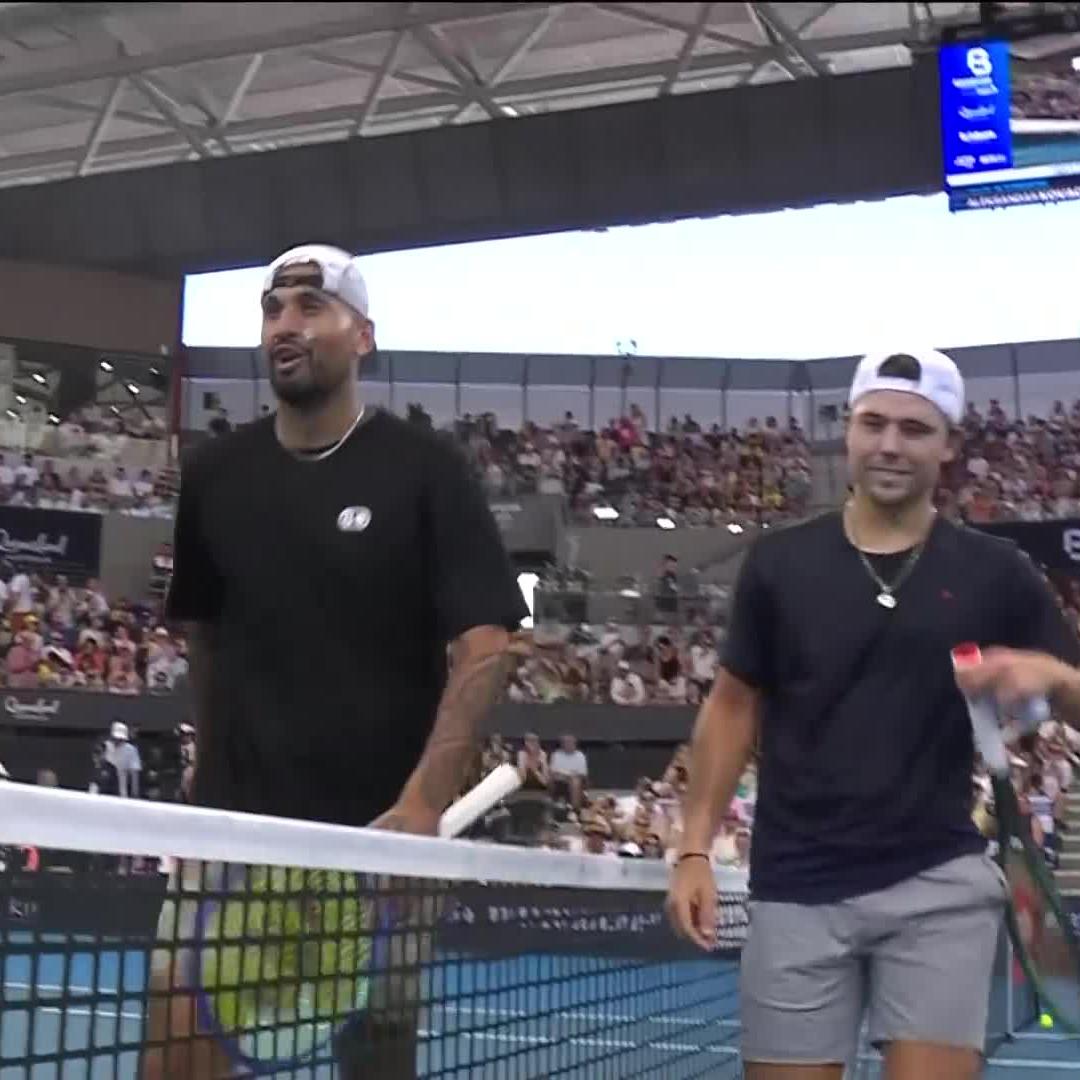 Dream Brisbane debut ✅ Kovacevic speeds past Kyrgios 6-3 6-4 in only 65 minutes! #BrisbaneTennis