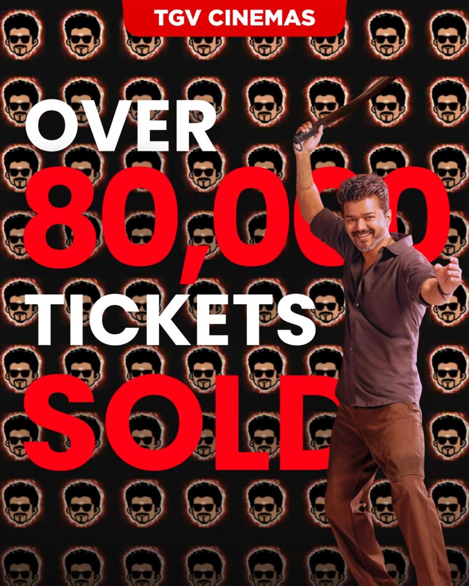 THALAPATHY FANS YOU GUYS HAVE MADE HISTORY! ๐ Over 80,000 tickets have been sold so far! Everyone is ready to see Vijay on the BIG SCREEN at TGV ๐ฅน๐ฅ๐ฅ๐ฅ THIS IS OUR MOMENT. THE FINAL CELEBRATION OF VIJAY SIR ๐ #JanaNayagan is coming to tgv on 9 January! Tickets are SELLING OUT FAST! Hurry and book yours now ๐๏ธ P.S. Did you see our cute Vijay seat icon when you book your ticket? ๐ฅฐ Be part of our Thalapathy TGV Takeover NOW ๐ฌ