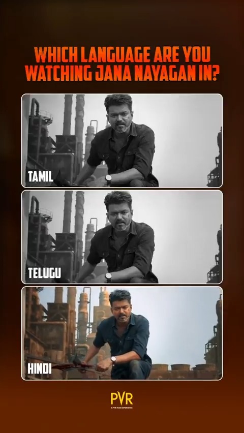 One epic blockbuster. Three languages. Which language are you watching it in? 🔥💯 #JanaNayagan releasing at PVR INOX on Jan 9! . . . #ThalapathyVijay #PoojaHegde #BobbyDeol #OneLastTime