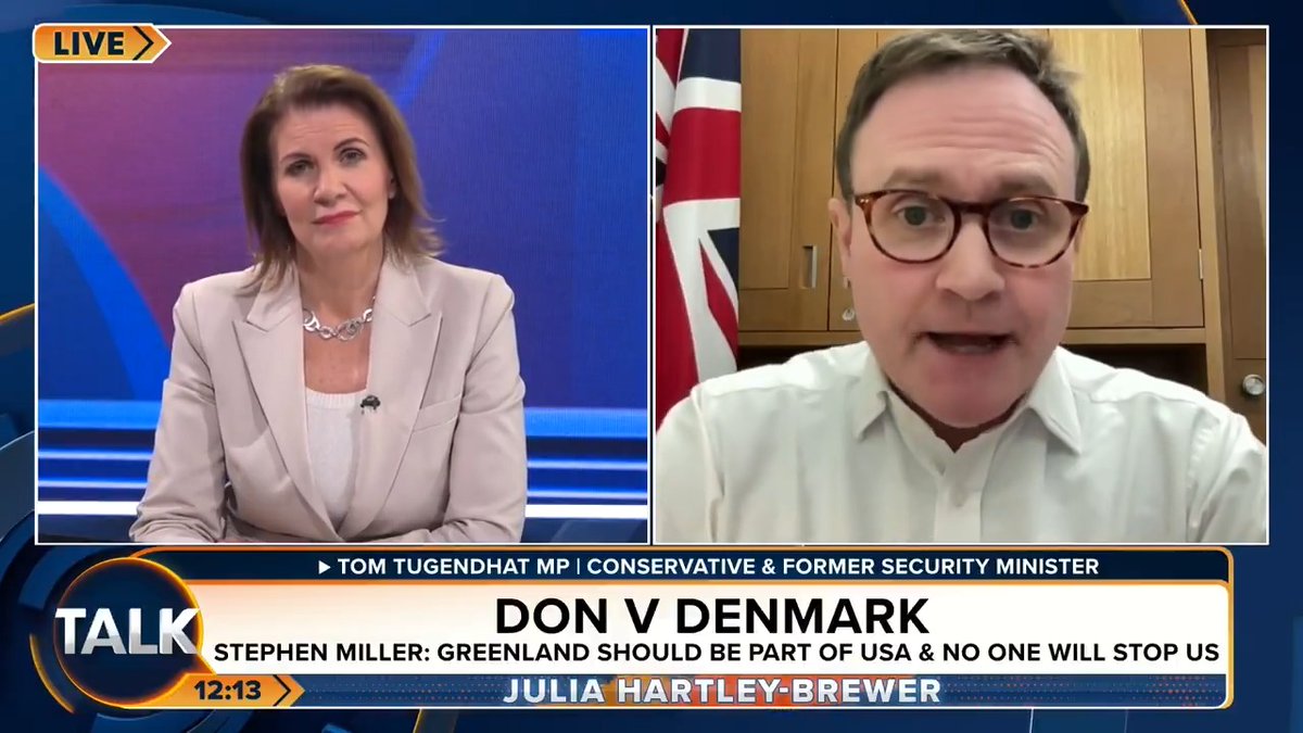 🚨 "We have effectively lived under a US security umbrella for around 20 or 30 years." Former Security Minister Tom Tugendhat MP says Britain is "not a serious country", not even "prepared to fight for the Chagos islands". Julia Hartley-Brewer