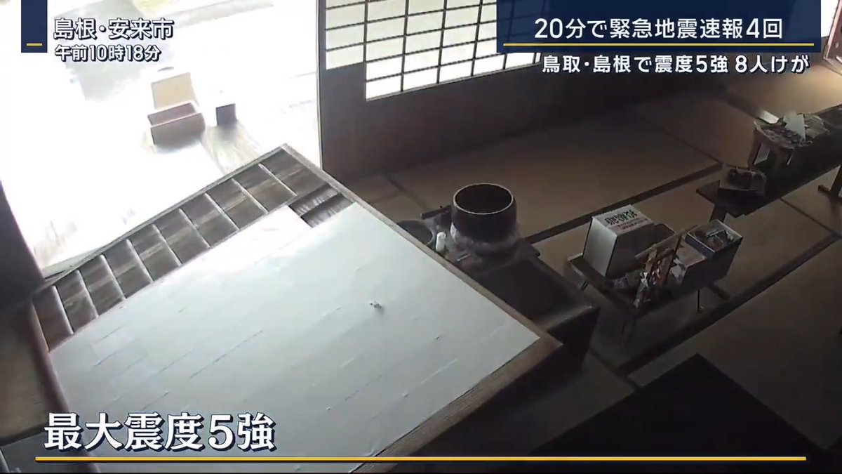 【鳥取・島根で“震度5強”】液状化などの被害 | ▼同じ震源で立て続けに地震が発生 1回目:午前10時18分 震度5強 2回目:午前10時24分 震度3 3回目:午前10時28分 震度5弱 4回目:午前10時37分 震度4 鳥取・境港市、島根・松江市などで震度5強、雲南市などで震度5弱を観測 震源は島根県東部、深さは11km 地震の規模を示すマグニチュードは6.4と推定 島根県や広島県などで8人がけが 島根・安来市の薬局関係者 「5分くらいしたら、また揺れが来たので、あっと思ったが、それからまた来たので、これは何とか無事であればと。2回目でかなり頭が熱くなってしまった感じ」 鳥取・米子市役所では天井の板が7カ所で落下 鳥取・境港市では病院の天井が落下 →屋上の配管が損傷し病室の一部が水浸しになる被害 病室の患者は別室に避難 済生会境港総合病院 住田広明事務部長 「私が来た時には水がポタポタ落ちている状況が見られた。バケツや吸水のシートを使ったりして対応していた」 気象庁 地震津波監視課 海老田綾貴課長 「きょうの地震が発生してから3回ほど緊急地震速報の警報を出した。活発な状況なので、特にきょう以降は気をつけていただきたい」 ▼過去の大地震では地面が液状化 鳥取県では25年前に最大震度6強の地震が発生 →土砂崩れや家屋の倒壊などで180人以上負傷 この地震では少なくとも4カ所で液状化が発生 島根・松江市で農業を営む奥井さんに案内してもらった道路には亀裂が発生。畑では液状化も みよちゃん農園 奥井裕介さん 「揺れによって畑が沈んで、道路との境目が空いたという感じ」 「25年前の鳥取西部地震の時も(液状化が)起きていました。さっき震度3とかもあったし、この後が気になりますね」 「今後1週間くらいは揺れるようなことを言っているので。困りましたね」 ▼断水になる町も 鳥取・南部町では水に濁りが出ているため、午後9時から断水を決定 →翌朝に給水できるよう給水車を配備 野口照子さん 「食事つくるのに水がいるし、片付けの時にも水がいるので水はいろいろためておく」 野口晃さん 「仕方がない。災害ですから。台風は『通過した』と、これ(地震)はいつ終わるか、わからないですから」