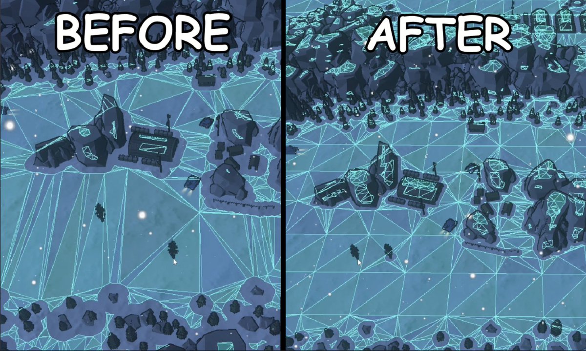 Massive performance improvement. This is a bit more of technical post, but man do I love this stuff! Units navigate the map using a 'Navigation Mesh'. Before, I was using one giant nav mesh that spanned the entire map. The more objects that were placed (especially on a large map such as this 'RadarAttack' map designed by Syphotic | Steel Command), the larger the 'lag' would be after placement. You can see here that there is a massive frame drop and the navmesh doesnt update for almost 5 seconds. Now, there are a ton of tiny navmeshes that connect to one another, and together they cover the whole map. Now, when an object is placed, the navmesh will update instantly, because it no longer needs to parse through every object on the map (potentially thousands!!!). It only needs to parse through the objects that exist in the mini navmesh that the object was placed in (probably only 1-5 objects now!). Performance XP Boost +100! Charles Horwood You might appreciate this one :) #Rts #RTSGame #IndieGame