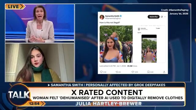 🚨 Elon Musk's X must urgently deal with Grok being used to create fake sexualised images, Technology Secretary Liz Kendall has said. Deepfakes victim Samantha Smith says: "We don't have any laws that make it illegal to create this sort of imagery." Julia Hartley-Brewer