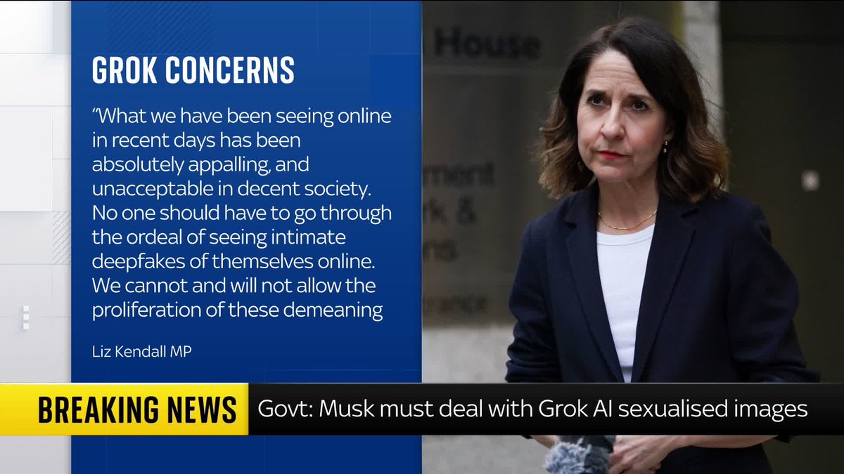 Elon Musk's X must urgently deal with its in-built AI tool Grok being used to generate "absolutely appalling" fake sexualised images, Technology Secretary Liz Kendall has said. Mhari Aurora reports ⬇️ Read more 🔗 📺 Sky 501, Virgin 602 and YouTube