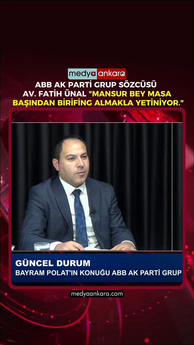 Ankara Büyükşehir Belediyesi AK Parti Grup Sözcüsü Av. Fatih Ünal, Medya Ankara ekranlarında yayınlanan "Güncel Durum" programında Medya Ankara Genel Yayın Yönetmeni Bayram Polat'ın konuğu oldu. Av. Fatih Ünal "Mansur Bey masa başından brifing almakla yetiniyor. Medya Ankara WhatsApp ihbar hattı: 0546 155 49 06 Gönderin, Yayınlayalım Av. Fatih ÜNAL 🇹🇷 Bayram POLAT