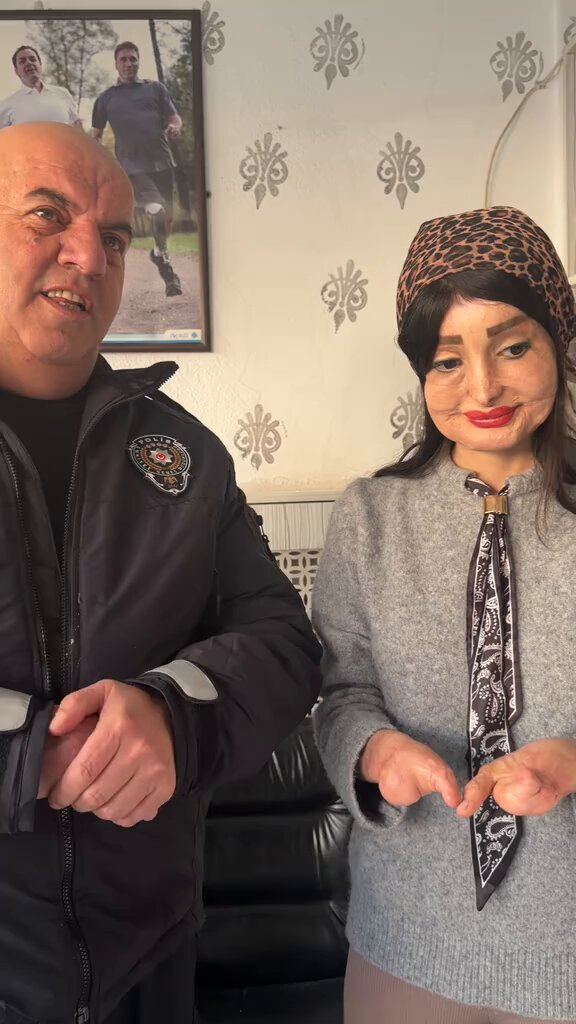 Polis memuru Mustafa Şahin, parmaklarını kaybeden bir hanımefendiye protez parmak hediye edip üzerine bir de yüzük takarak anlamlı bir jestte bulunurken, hanımefendinin yüzündeki tarifsiz gülümseme herkesi duygulandırıyor.