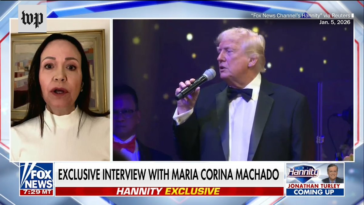 In an interview with Fox News, Venezuelan opposition leader María Corina Machado called for elections to replace deposed president Nicolás Maduro and said she and the Venezuelan people want to “share” the Nobel Peace Prize with President Trump.