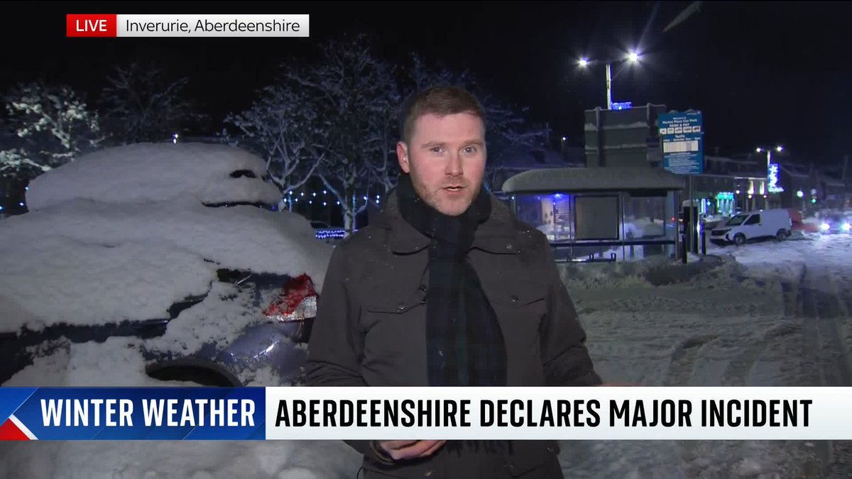 A major incident has been declared in Aberdeenshire, which has been hit by heavy snow and freezing temperatures. Sky's Connor Gillies reports from Inverurie, where he says the conditions are "absolutely treacherous" ⬇️ Latest 🔗 📺 Sky 501 and YouTube
